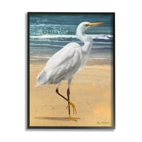 Stupell Industries bijela čaplja ptica koja stoji na plaži Obalni talasi slika Crni uokvireni umjetnički