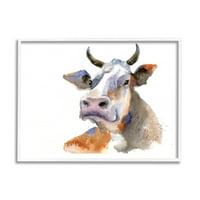 Stupell Industries mala rogata goveda plava narandžasta ekspresivni portret Moderna slika bijeli okvir Art